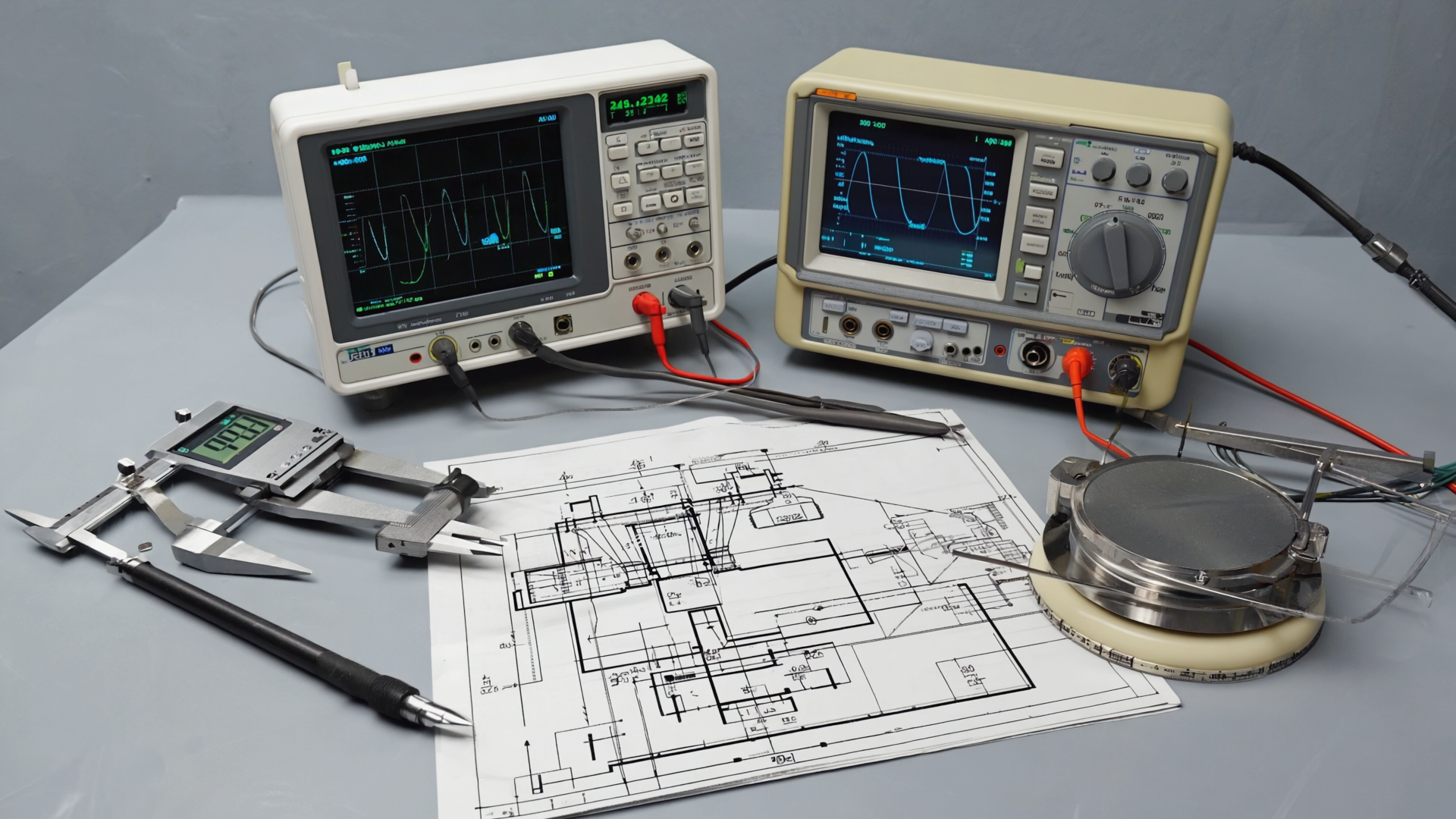 Mess-Werkbank: Messschieber, Waage, technische Zeichnung, Multimeter — die Werkzeuge der Test-Methodik.